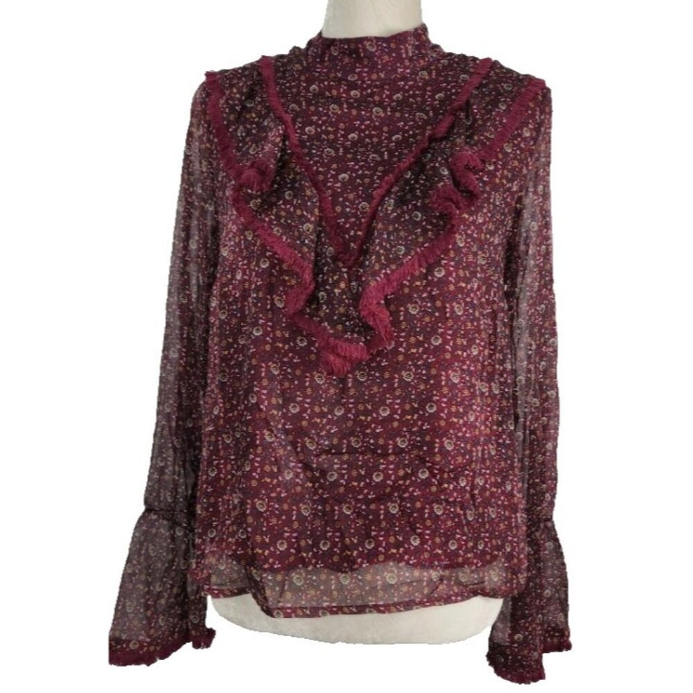 Blush Noir Women’s Floral Sheer Lined Ruffle Blouse Sz Large Burgundy Neck Bib - Picture 2 of 12
